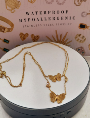 Butterflies" Necklace, 18K Gold Plated Steel. 2 layer set. - Image 2