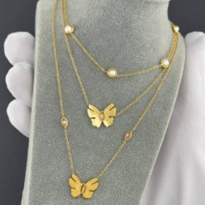 Butterflies" Necklace, 18K Gold Plated Steel. 2 layer set.
